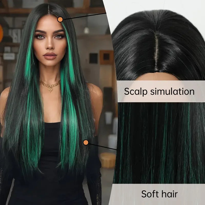 Long Black Green Mix Cospaly Wig Synthetic Hair High Quality Wig for Women Party Daily Use Heat Resistant Straight Natural Wigs