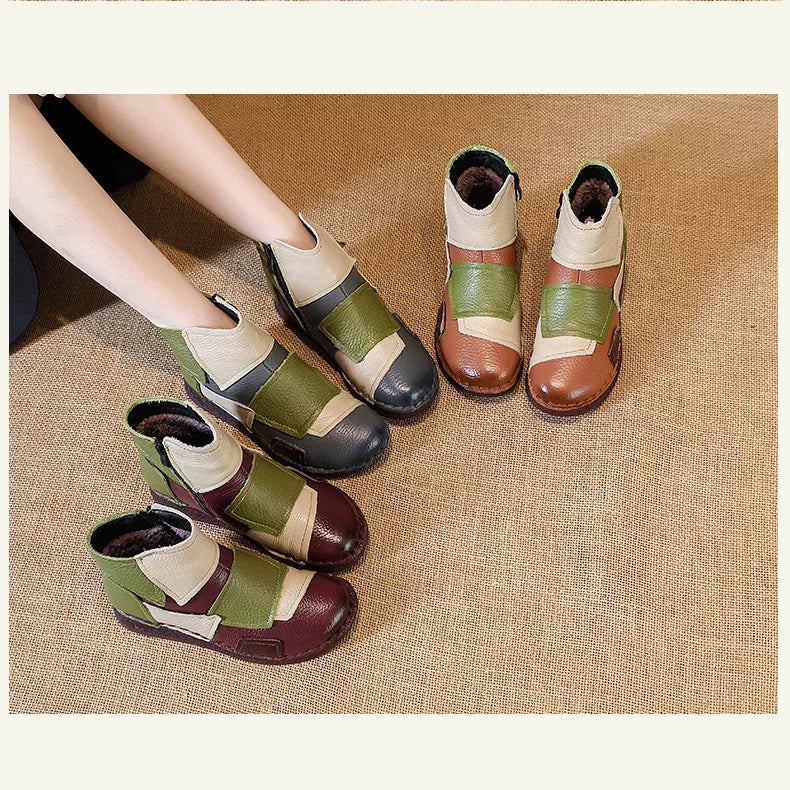 Winter Genuine Leather Flat-soled women shoes Casual shoes women Boots Color Matching Short Boots Warm Comfortable Cotton Shoes