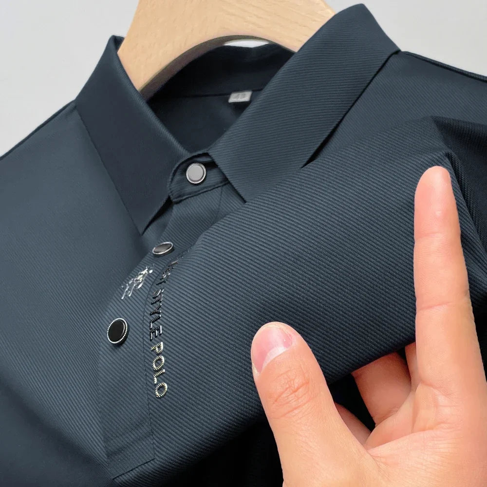 Ice Silk Embroidery Summer Polo Shirt Lapel Elasticity T-shirt Short Sleeve
