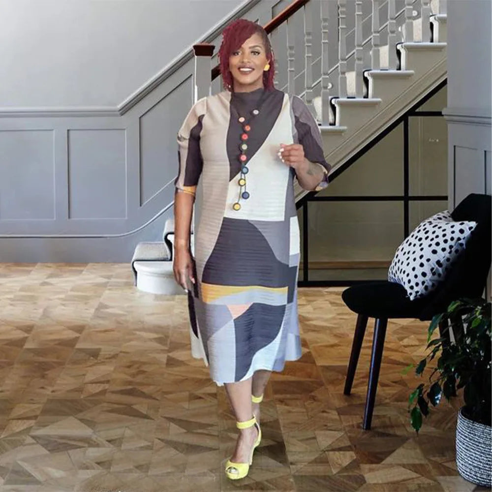 2023 Fashion African 3/4 Sleeve Polyester Plus Size O-Neck Pleated Long Dress Dashiki African Clothes African Dresses for Women