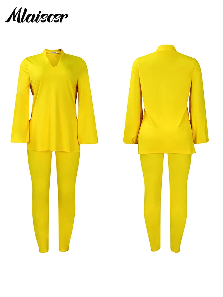 Mlaiscsr Causal Solid 2 Piece Set Women V Neck Loose Fit Tops and Legging Jogger Pants Suit Stretwear Birthday Tracksuits Outfit