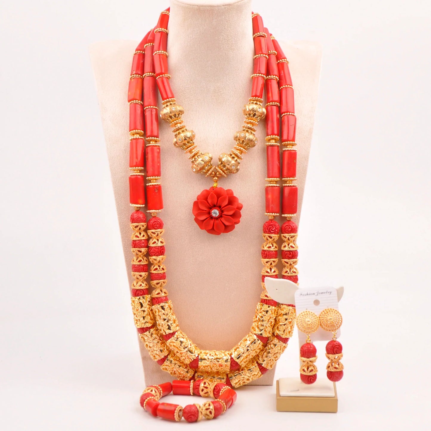 Natural coral beads orange necklace set for stylish Nigerian wedding couple African jewelry