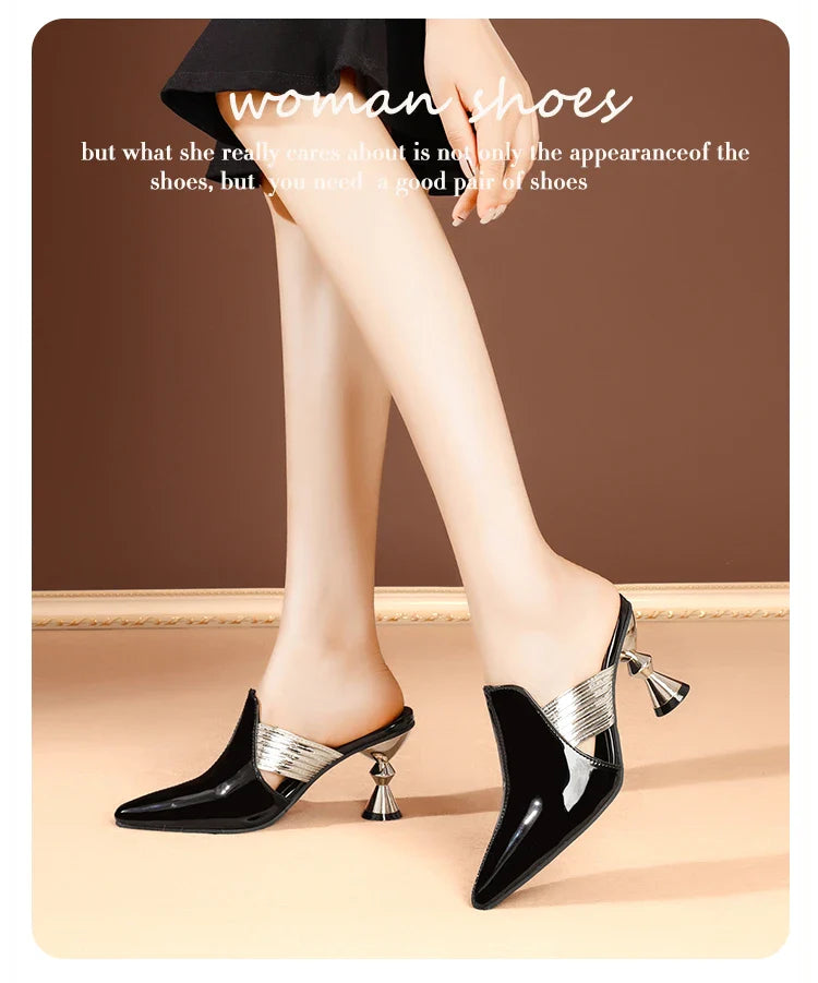 High Heel Slippers Pointed Toe Shoes Woman Elegant Mules Shoes Women Black Green Metal Heel Outdoors Womens Slippers Big Size