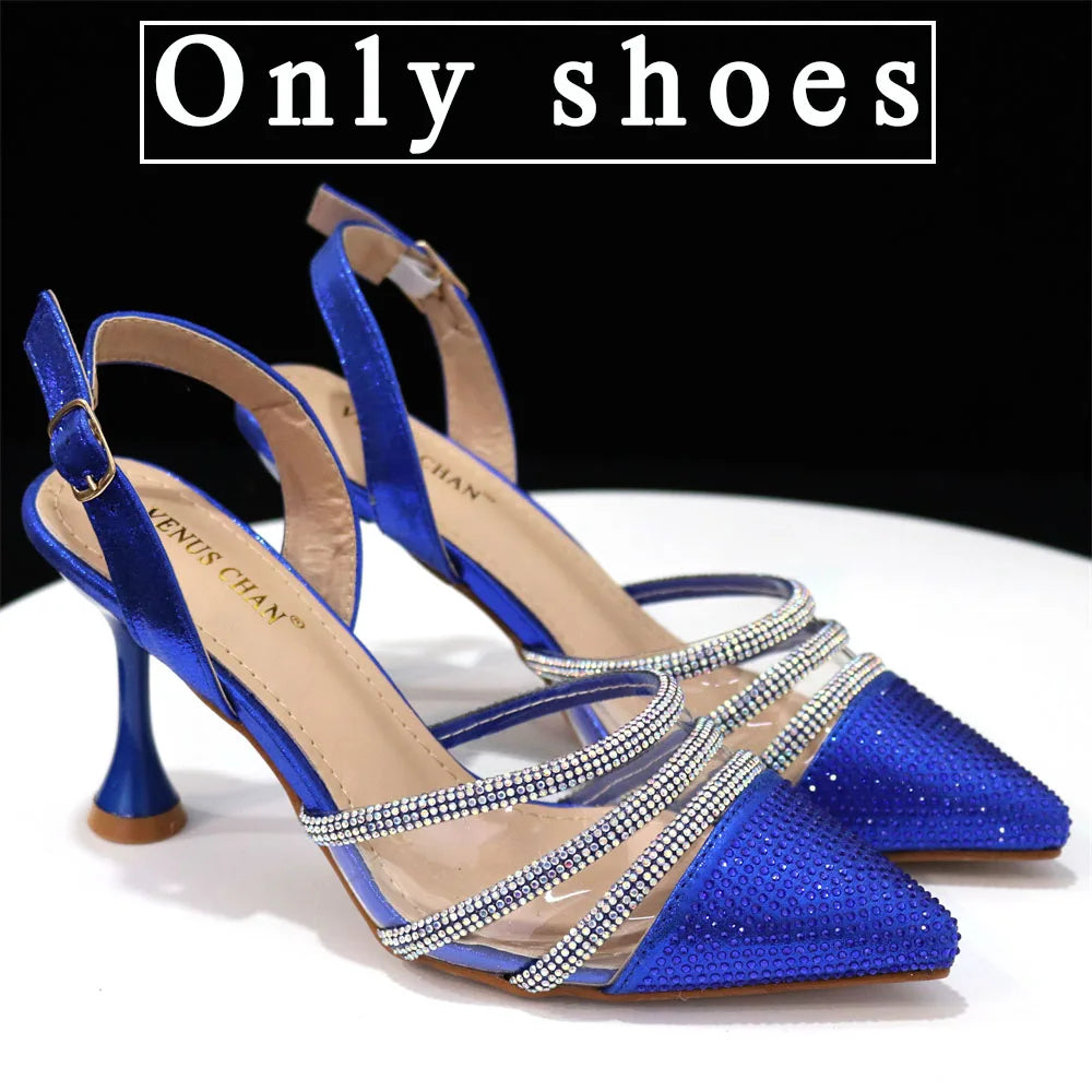 Venus Chan Shoes for Women 2023 Pointed Toe Black Heels Rhinestone Chain Party Sandals Italian Shoes and Bags Matching Set 2023