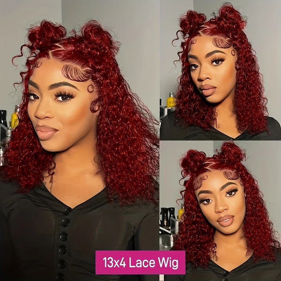 Burgundy 99J Deep Wave Short Bob Wigs 100% Human Hair Wig Water Curly Wig Baby Hair 13x4 Lace Front Human Hair Bob Wig For Women