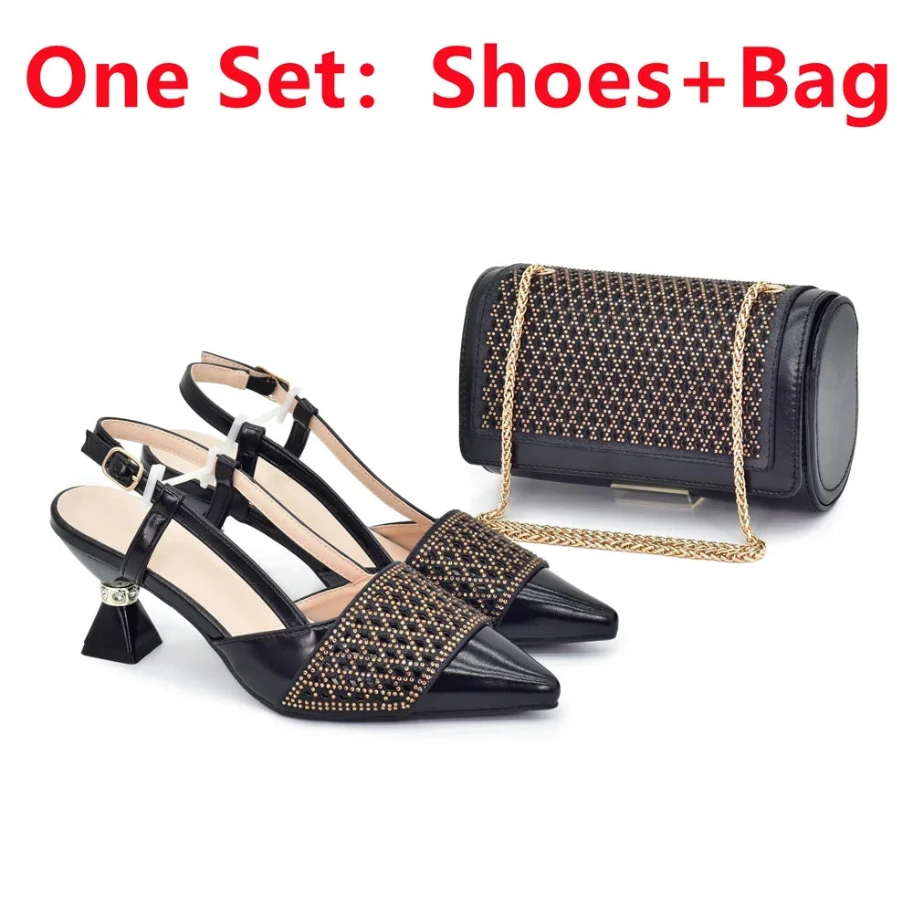 Women's Italian Shoes and Matching Bags Sets Decorated with Rhinestone Fashion