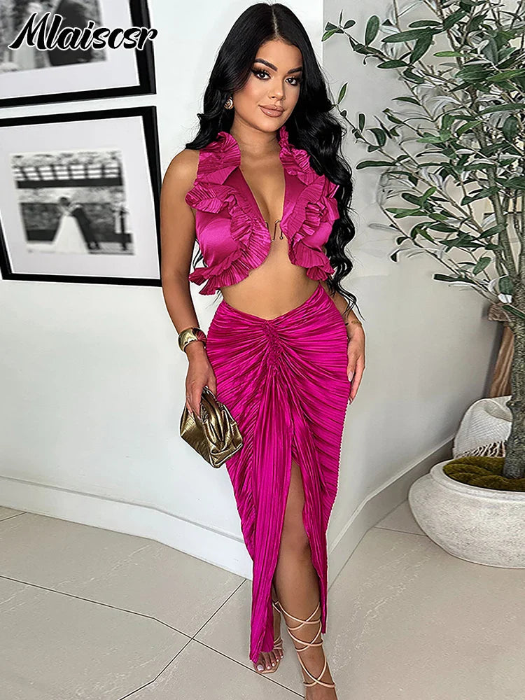 Mlaiscsr Elegant Pleated Ruffle Black Dress Set for Women Sexy Crop Top and Split Skirts Two 2 Piece Matching Club Prom Outfits