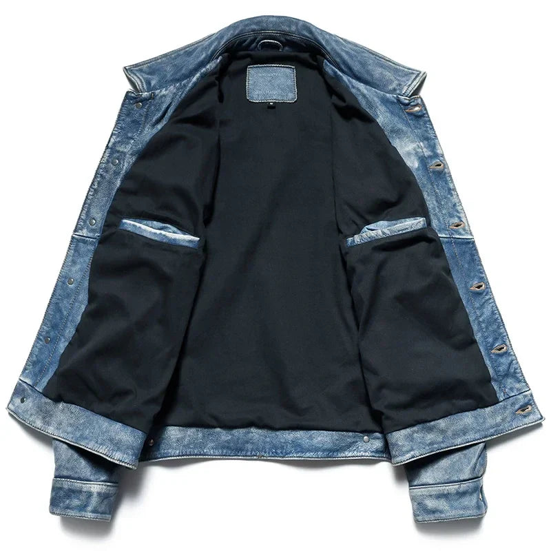Men’s Genuine Leather Jacket – Vintage Blue Wash, Classic Fit