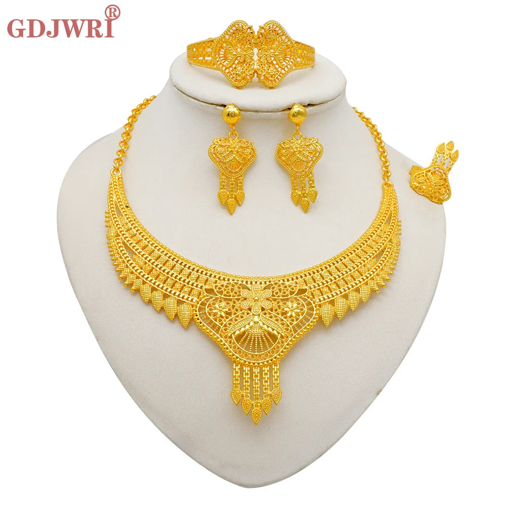 Indian Dubai Gold Color Jewelry Sets For Women Earring & Necklace Nigeria Moroccan Bridal Wedding Party Gifts