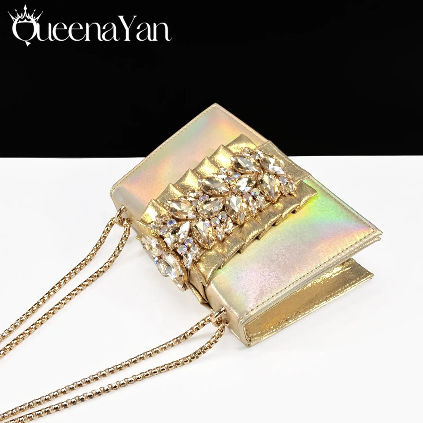 Queena Yan Spot goods INS Gold Color Elegant Women Heels Shoes and Bag Set Decoration Rhinestones Women High Heels Shoes