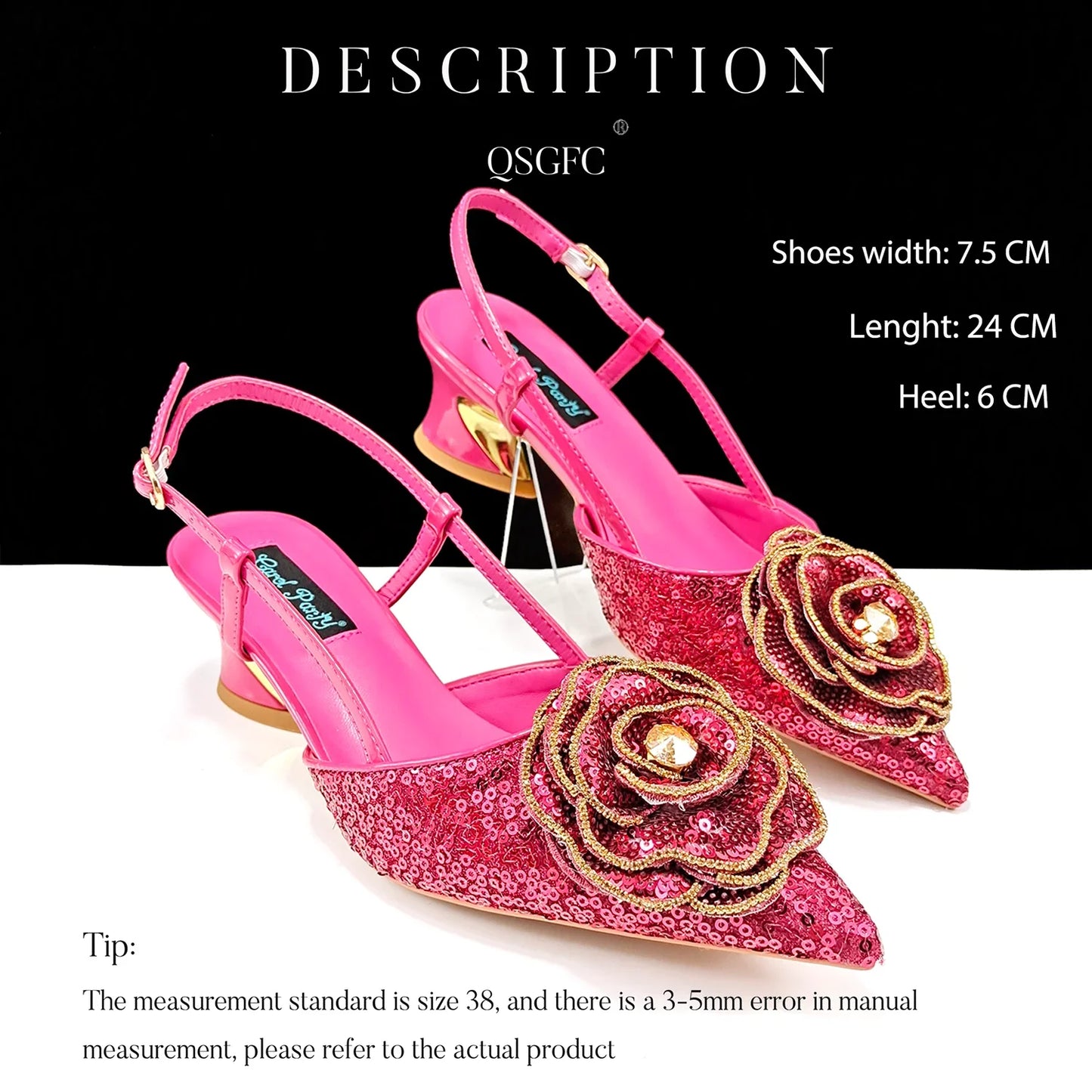 QSGFC Shiny Gold Color Shoes and Bag Elegant Handbags and Medium Heel Shoes Beautiful Handmade Flowers For Wedding Party