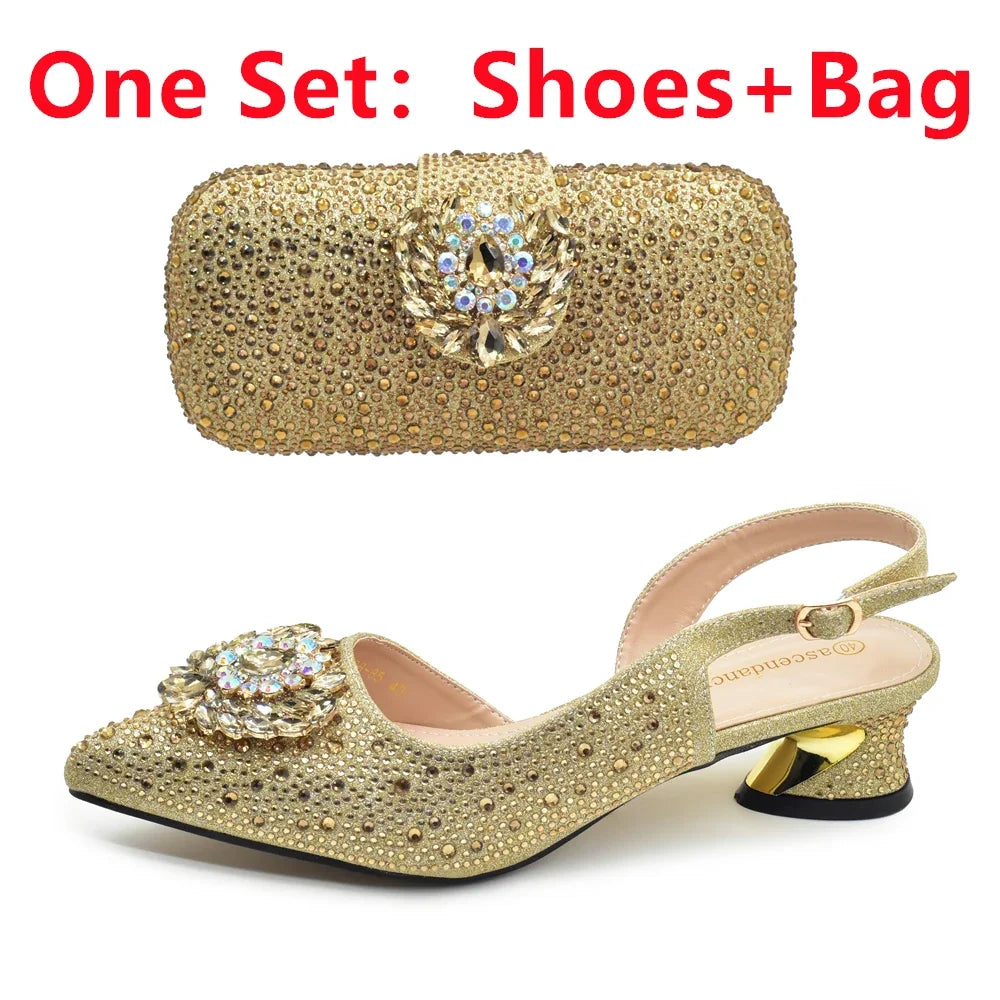 Elegant Italian Women's Rhinstone Pumps Heels Shoes and Bag Set To Match for Weddings and Party