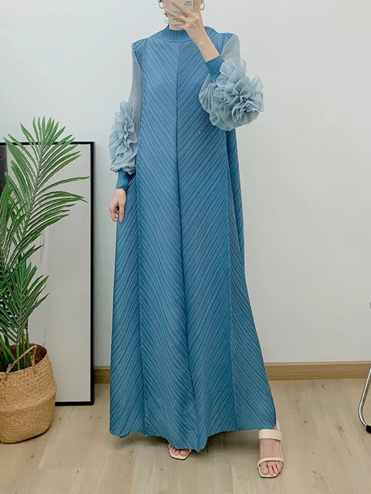 Pleated Maxi Long Dress Mesh Petal Sleeve Half Turtleneck Formal Dresses for Women 2024 New Hot Sales