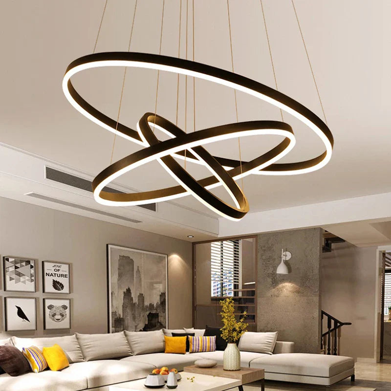 KOMORE Modern 3 Ring Aluminum Round Hanging LED Pendant Light Stepless Dimming & Cool White for Kitchen Living Room Hallway