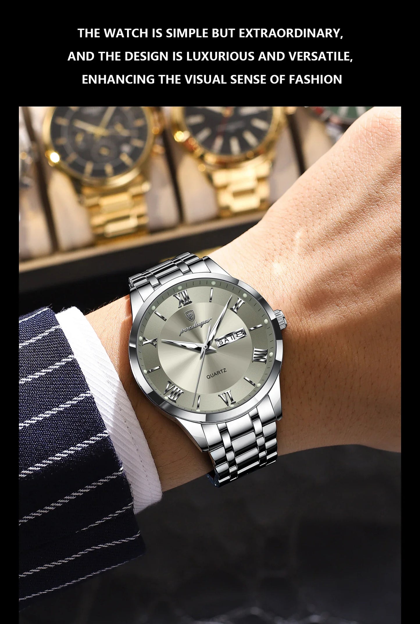 Luxury Fashion Men Clock Waterproof Luminous Week Date Sports Man Wristwatch Stainless Steel Men's Quartz Watches Reloj
