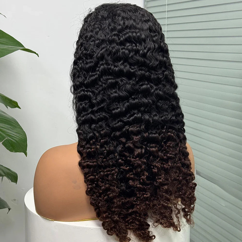 5x5 Lace 300% Density Burmese Deep Curly Hair Ombre Double Drawn Human Wig Transparent Lace Front