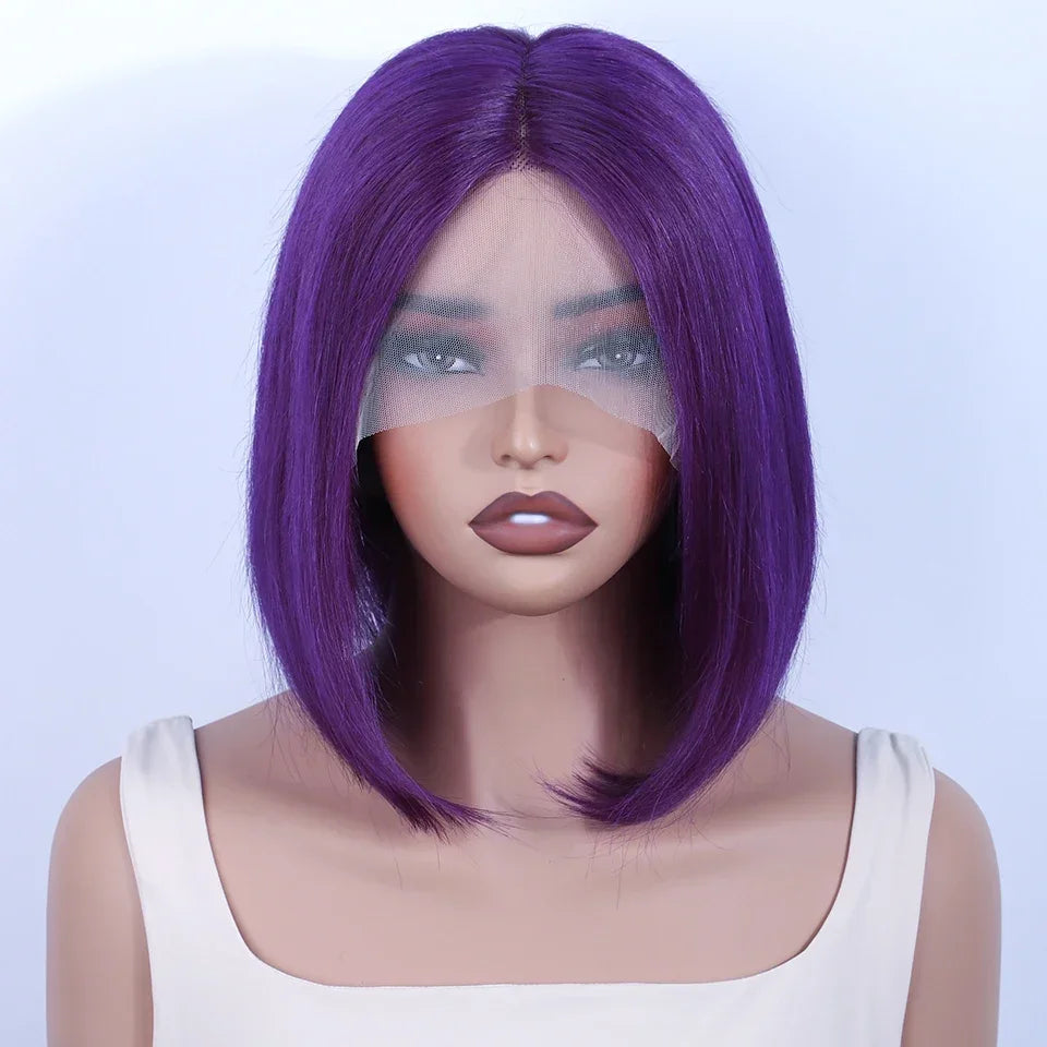 Brazilian Cosplay Purple Hair 13x5x1 T Part Transparent Lace Front Human Hair Wigs 180D  Short Straight Lace Bob Wigs Human Wigs