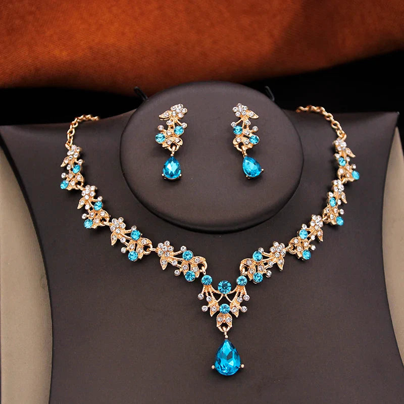 3 Pcs Princess Wedding Crown Jewelry Sets and Tiaras Green Pink Bride Necklace Earrings Set Girls Prom Birthday Accessory