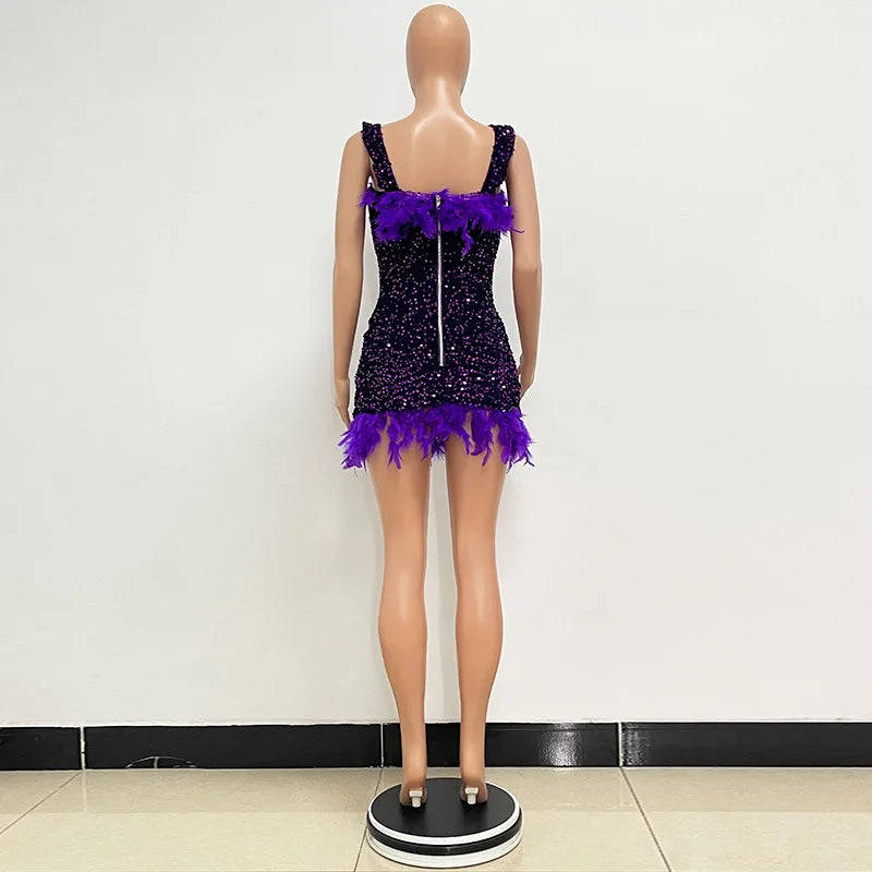 Spring And Summer Women's Clothing MINI Short Solid Color New Wind Sequins Halter Beach Dress One-word Shoulder Feathers Spice G