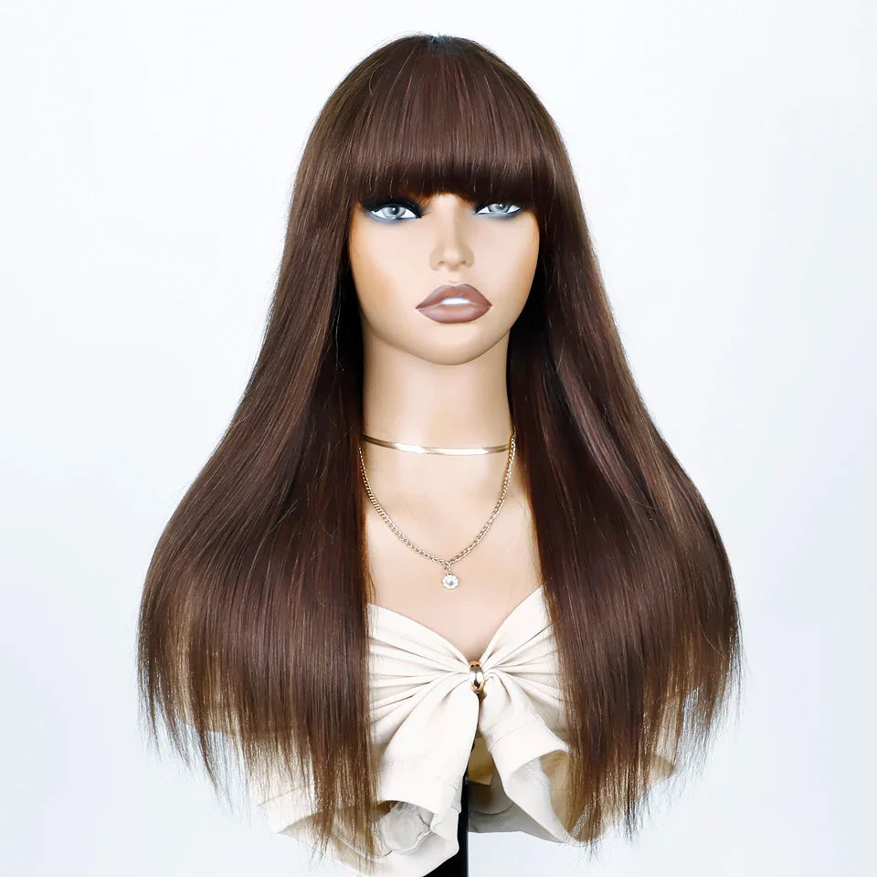Human Hair Wigs With Bang Brazilian Straight Red Burgundy Human Hair Wigs Brown Color 4# For Black Women None Lace Wigs