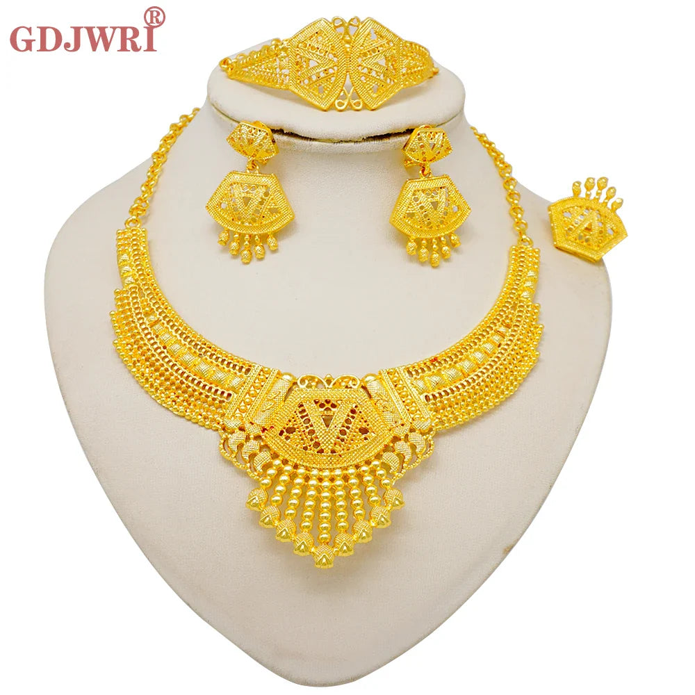 Indian Dubai Gold Color Jewelry Sets For Women Earring & Necklace Nigeria Moroccan Bridal Wedding Party Gifts
