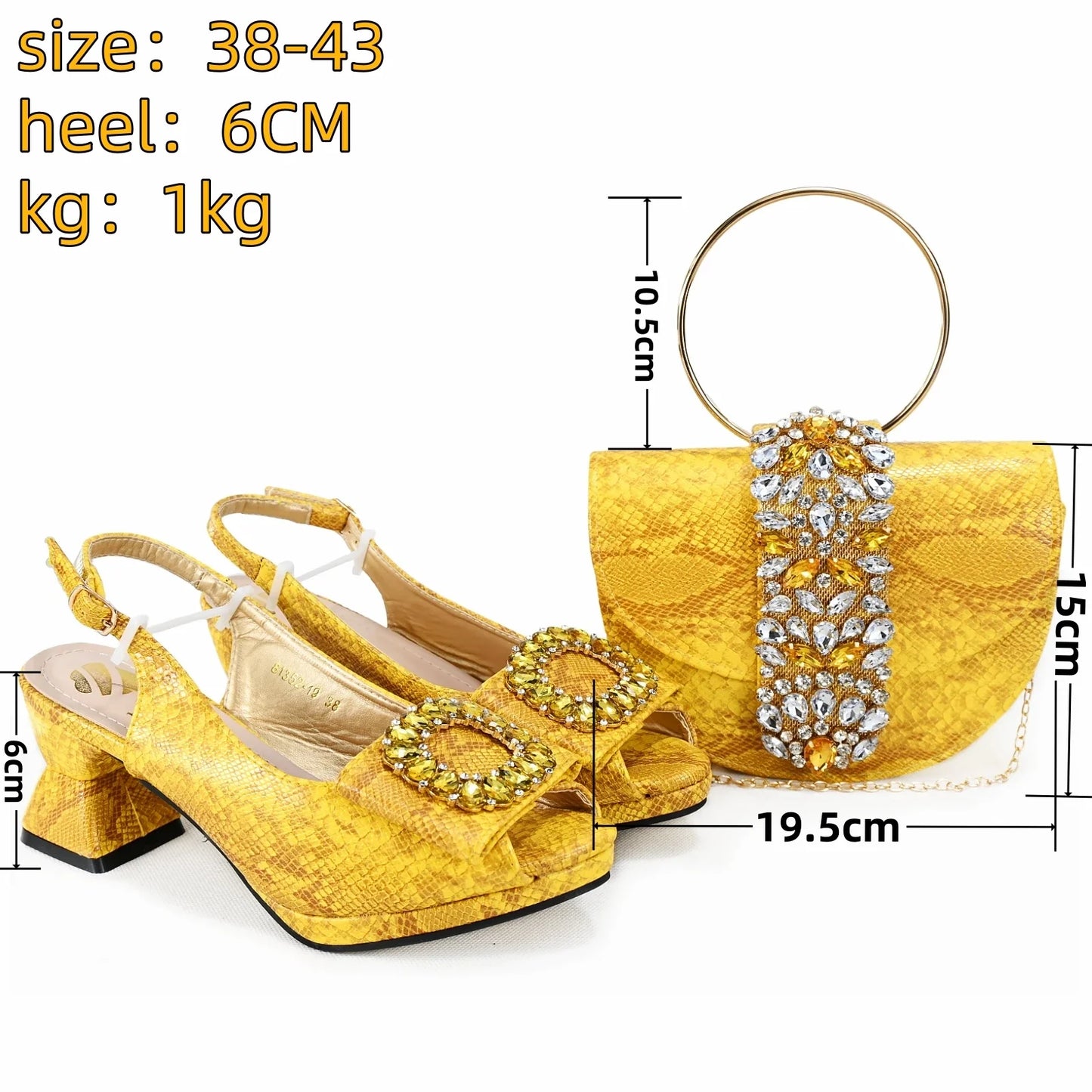 2025 Autumn New Design Specials Italian Women Shoes and Bag Set Comfortable Mid Heels With Rhinestone in Yellow Color