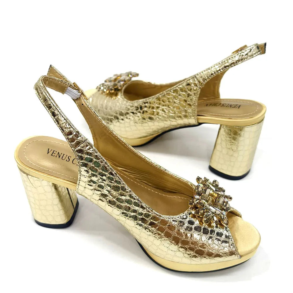 Women's Open Toe Heels Fashionable Rhinestone Decoration Shoe and Bag Set