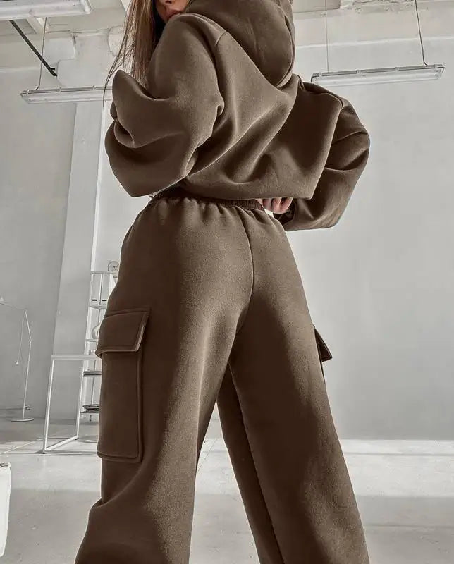 Hoodies Suit Winter Autumn Solid Casual Tracksuit Women Fleece 2 Pieces Set Sports Sweatshirts Pullover Jogger Sweatpants Outfit