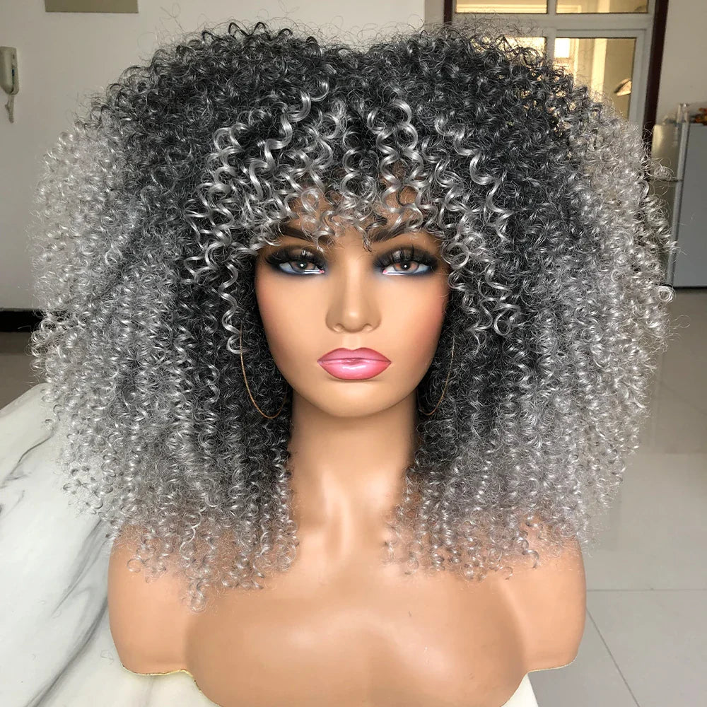 Curly Afro Wigs for Black Women Short Curly Wig with Bangs Kinky Curls Curly Hair Synthetic Wigs for African American Women