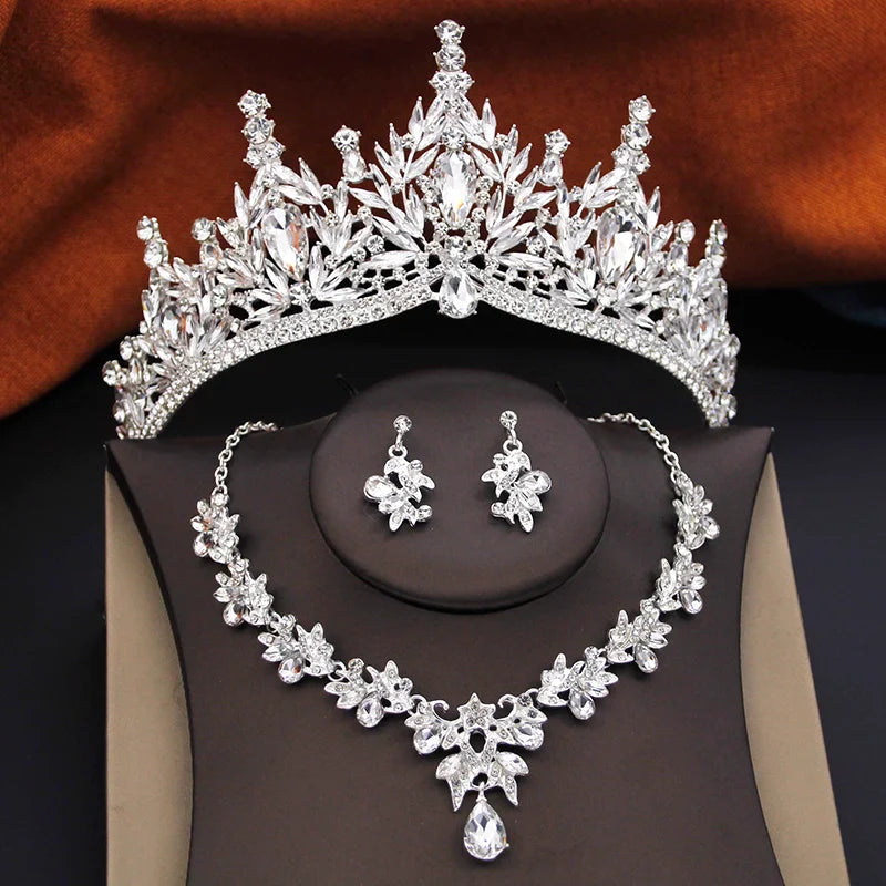 3 Pcs Princess Wedding Crown Jewelry Sets and Tiaras Green Pink Bride Necklace Earrings Set Girls Prom Birthday Accessory