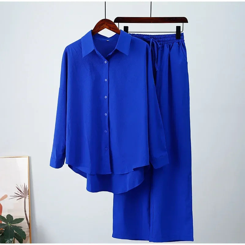 Holiday Wide Leg Pants Set Two Piece Set Women Vintage Boho Maxi Shirt Autumn Casual Loose Work Streetwear Y2k 2025 Outfits