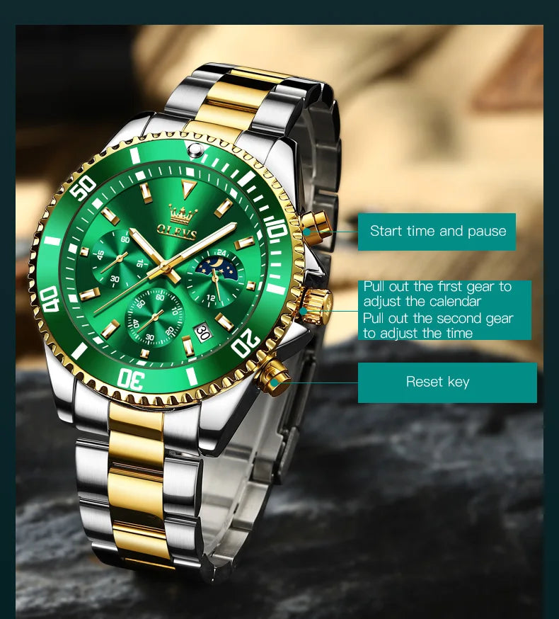 Men's Watches Top Brand Luxury Watch for Men Original Waterproof Stainless Steel Chronograph Moon Phase Date Rota Dial