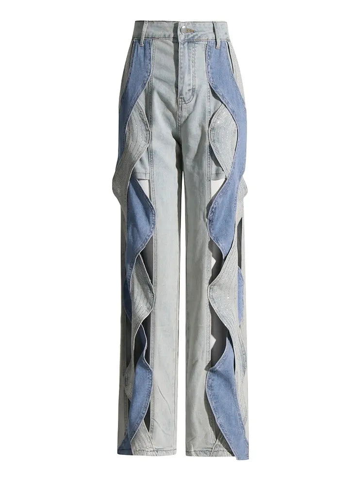 Women's Crisscross Streetwear Denim Trousers With High Waist Patchwork