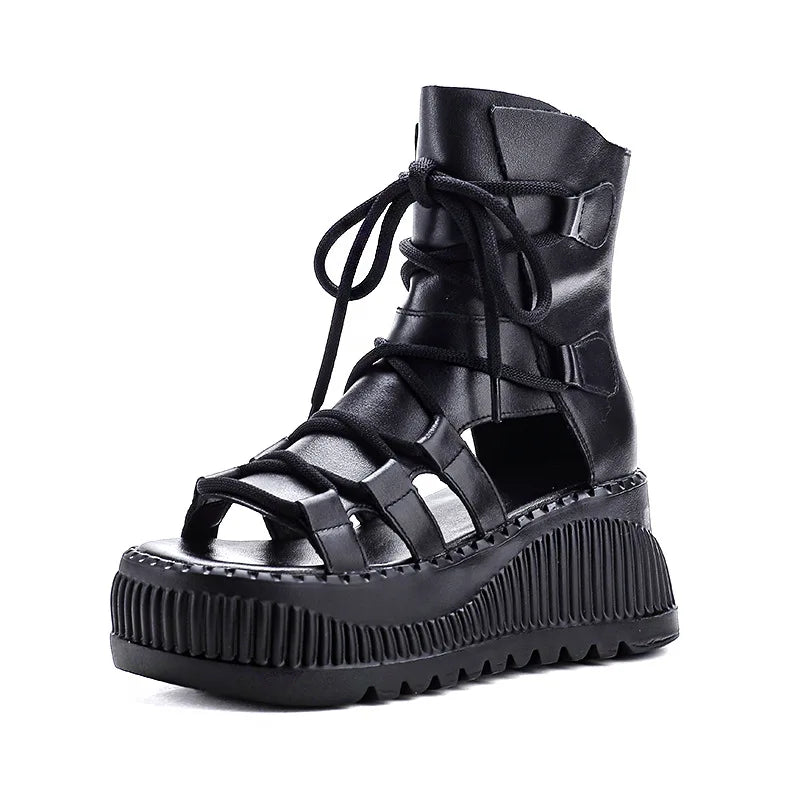Koznoy 8cm Ethnic Cow Genuine Leather Ankle Booties Women Hollow Peep Toe Platform Wedge Breathable Zip Summer Fashion Shoes