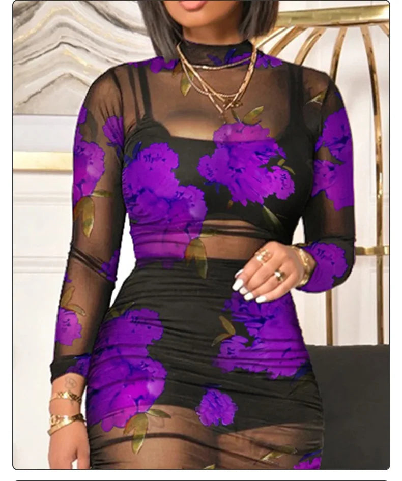Fashion Flowers Printed Women's Sexy Mesh Gauze Mid Length Dress Three Piece Summer New Female Party Nightclub Mini Dresses 2023