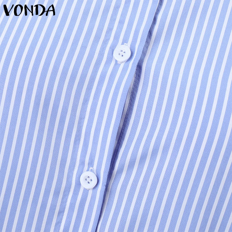 Elegant Striped Printing Short Sleeve Maxi Long Dress Casual Daily Shirt Dress 2025 VONDA Beach Party Sundress Bohemian Vestidos