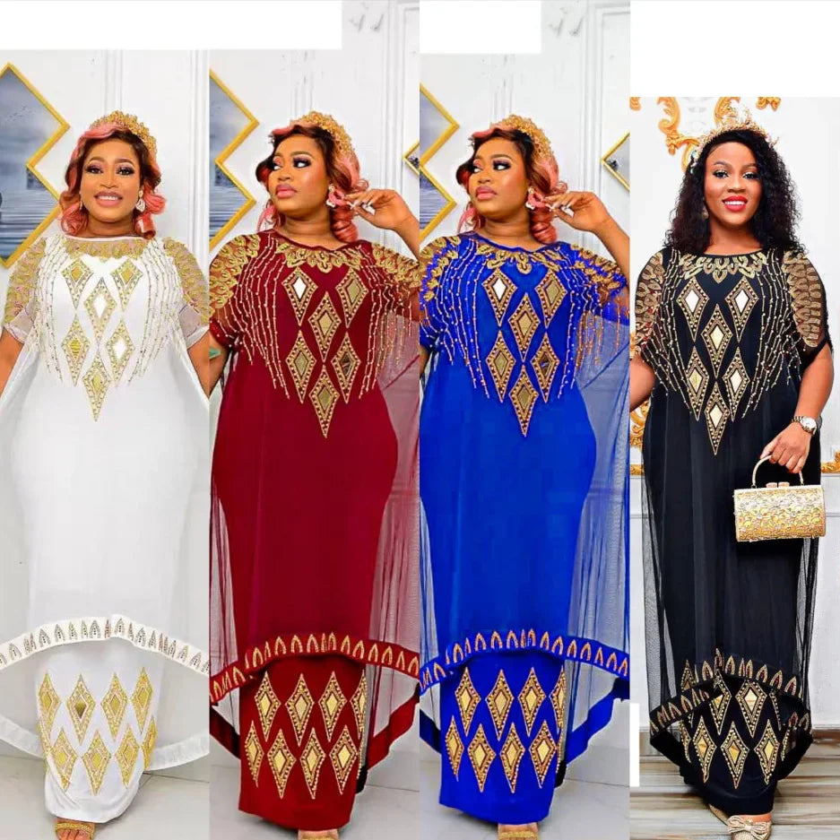 African Dresses For Women Short Sleeve Turkey Diamonds Evening Wedding Party Floor Length Dress Muslim Africa Clothes 2023