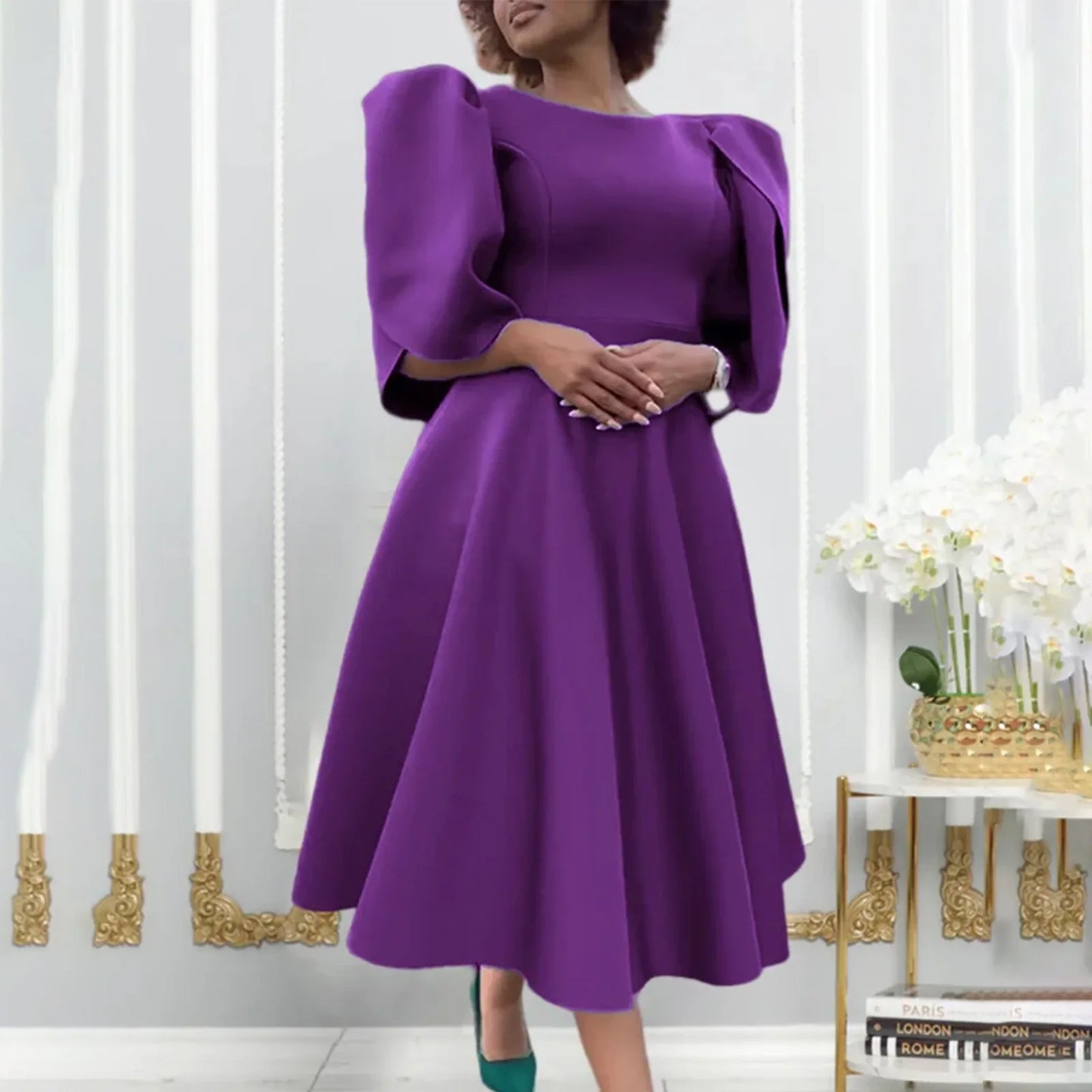Elegant Dress Woman 2024 Wedding Party Round Neck Half Sleeve High Waisted Pleated Mid Calf Luxury Birthday Dinner Vestidos Robe