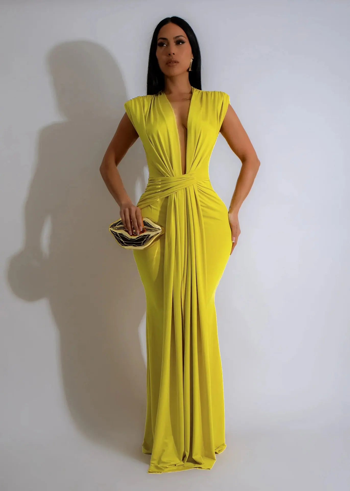 CM.YAYA Women Sleeveless Ruched Deep V-neck Long Maxi Dress 2024 Street Evening Birthday Night Club Party Vestidos Sexy Dresses
