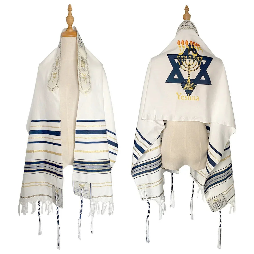 Traditional Jewish Tallit Prayer Shawl with David’s Star & Menorah – 52×180 cm for Shacharit & Yom Kippur