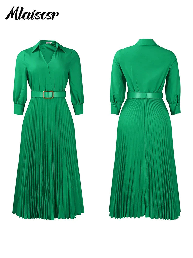 Mlaiscsr Purple Fashion Belt V-Neck Long Sleeve A-Line Pleated Dress Women Elegant Slim Evening Party Club Vestidos African Robe