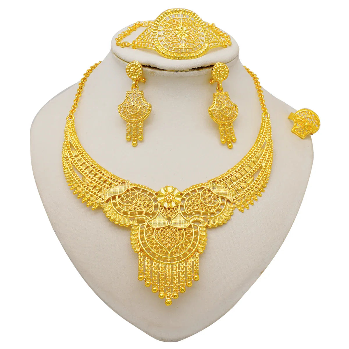 Indian Dubai Gold Color Jewelry Sets For Women Earring & Necklace Nigeria Moroccan Bridal Wedding Party Gifts