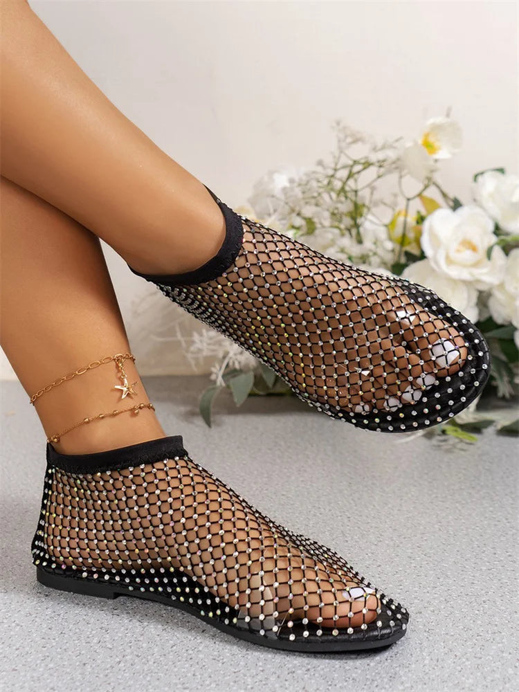 Msfilia Round Toe Sandals With Hollowed Out Internet Famous Diamond Studded Short Boots Summer Sexy Plus Size Flat Shoes