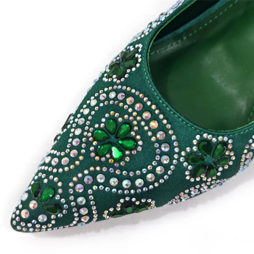 Elegant And Sexy Fuchsia Color High Heels Shoes And Bag With Rhinestone Embellished Toe Is Comfortable Women's Shoes For Party