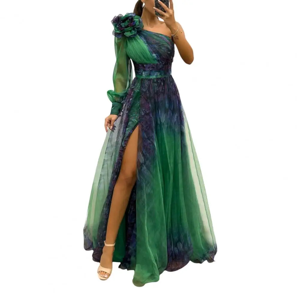 2024 Womens Evening Dress One Shoulder Pleated Pleated Mesh Single Long Sleeve Slim Waist A-line Floor Length Slit Banquet Dress