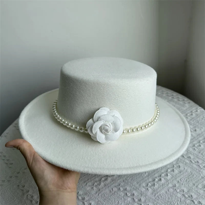 Women's Fashionable Fedora Hat 10CM Wide Brim Flat Top Felt Hats For Wedding And Jazz