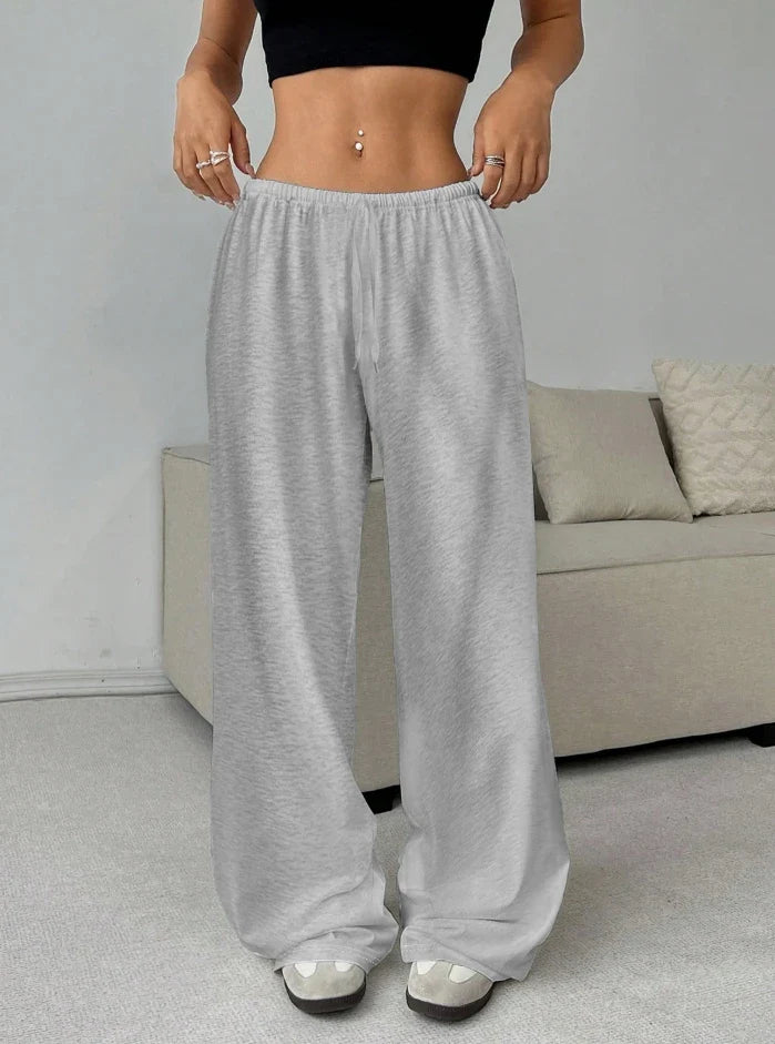 Women Casual Straight Leg Loose Solid Color Elastic Drawstring High Waisted Wide Leg Pants