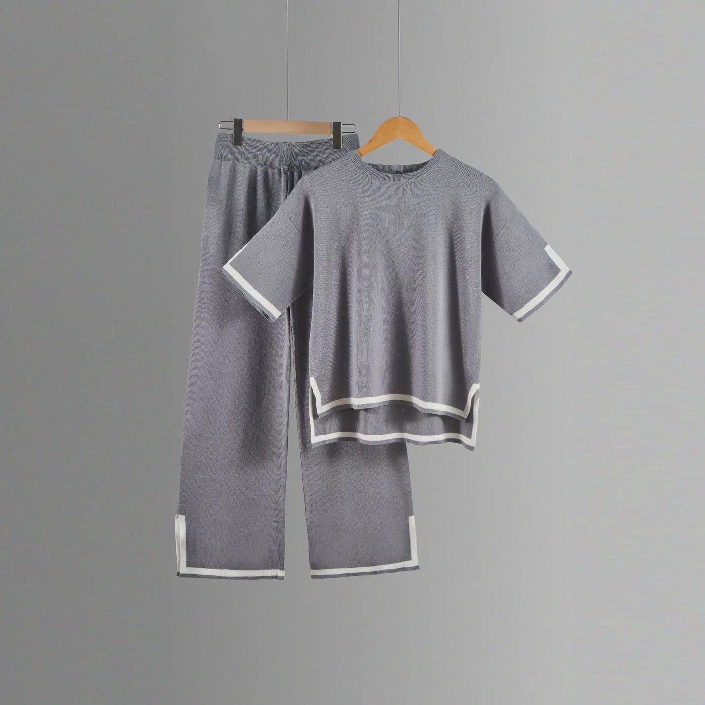 Two-piece Summer New Knitted Elegant Trousers Suit Short-sleeved Pullover Wide-leg Pants Casual Home Two-piece Women's Set