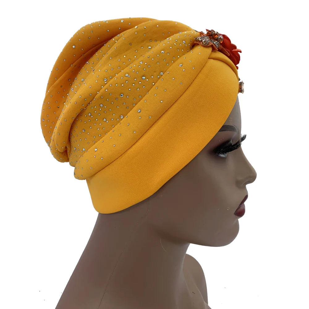 Elegant African Turban Cap with Shiny Rhinestone Ready to Wear Nigeria Auto Gele Headtie Party Women's Head Wrap Bonnet Turbante