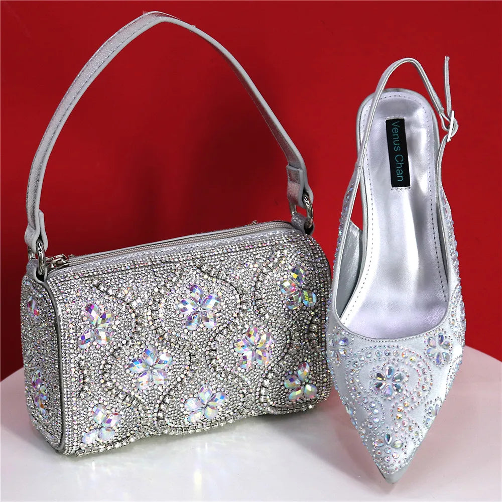Elegant And Sexy Fuchsia Color High Heels Shoes And Bag With Rhinestone Embellished Toe Is Comfortable Women's Shoes For Party